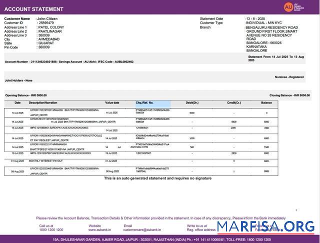 Blank India AU Small Finance bank account statement word version 2 template